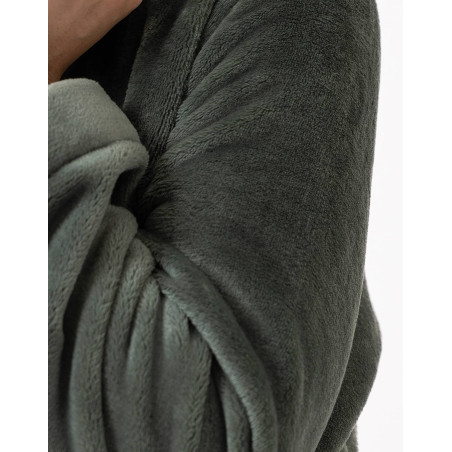 Plush flannel twill bathrobe ESSENTIEL H61B in moss green | Lingerie le Chat