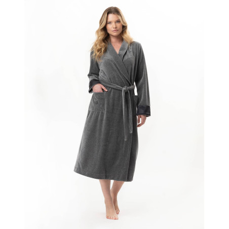 Velvet crossed dressing gown ESSENTIEL Anthracite China | Lingerie le Chat