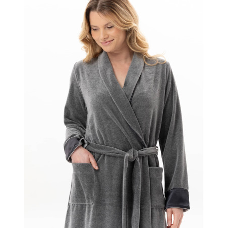Velvet crossed dressing gown ESSENTIEL Anthracite China | Lingerie le Chat