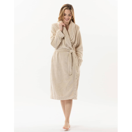 Plush flannel twill bathrobe ESSENTIEL H61B in shell | Lingerie le Chat