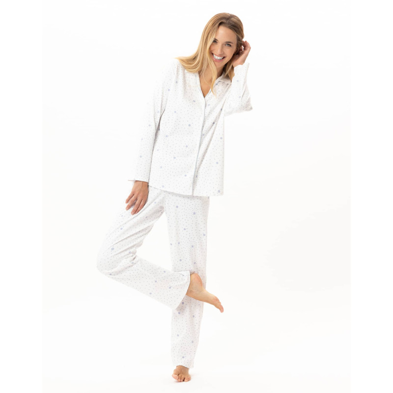 Pyjama boutonné en coton COSY Ecru / Ciel | Lingerie le Chat