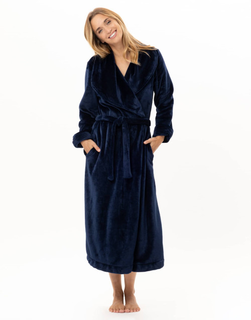 Peignoir croisé long en peluche flanelle ESSENTIEL Marine