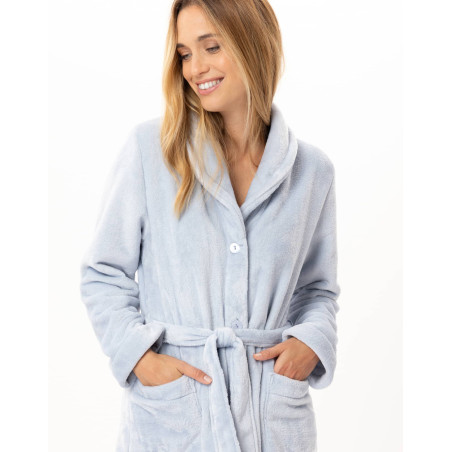 Robe de chambre boutonnée en peluche flanelle ESSENTIEL Ciel | Lingerie le Chat
