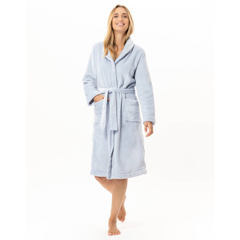 Robe de chambre boutonnée en peluche flanelle ESSENTIEL Ciel | Lingerie le Chat