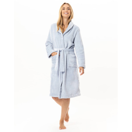 Robe de chambre boutonnée en peluche flanelle ESSENTIEL Ciel | Lingerie le Chat