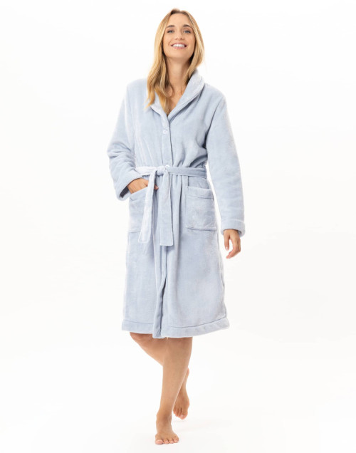 Robe de chambre boutonnée en peluche flanelle ESSENTIEL Ciel | Lingerie le Chat