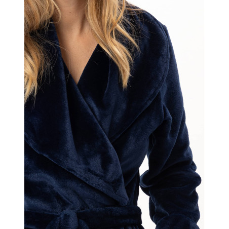 Peignoir croisé long en peluche flanelle ESSENTIEL Marine | Lingerie le Chat