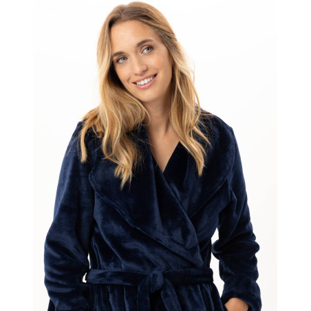 Peignoir croisé long en peluche flanelle ESSENTIEL Marine | Lingerie le Chat