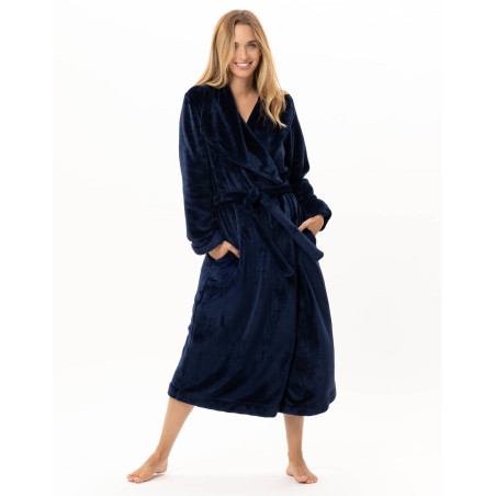 Peignoir croisé long en peluche flanelle ESSENTIEL Marine | Lingerie le Chat
