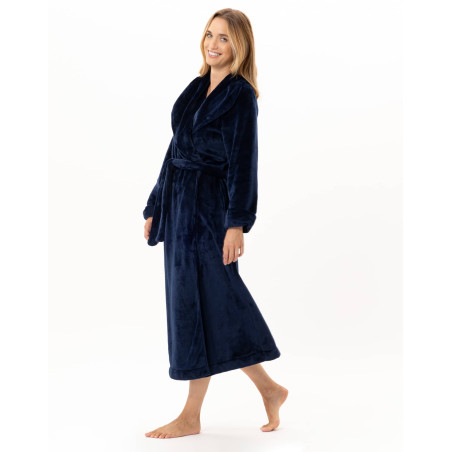 Peignoir croisé long en peluche flanelle ESSENTIEL Marine | Lingerie le Chat