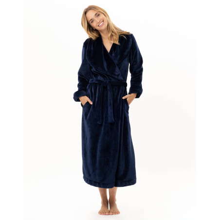 Peignoir croisé long en peluche flanelle ESSENTIEL Marine | Lingerie le Chat