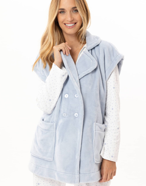 Veste manches courtes boutonnée en peluche flanelle ESSENTIEL Ciel | Lingerie le Chat