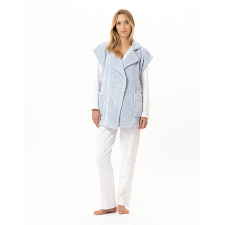 Veste manches courtes boutonnée en peluche flanelle ESSENTIEL Ciel | Lingerie le Chat