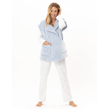 Veste manches courtes boutonnée en peluche flanelle ESSENTIEL Ciel | Lingerie le Chat