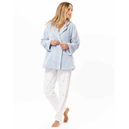 Veste boutonnée en peluche flanelle ESSENTIEL Ciel | Lingerie le Chat