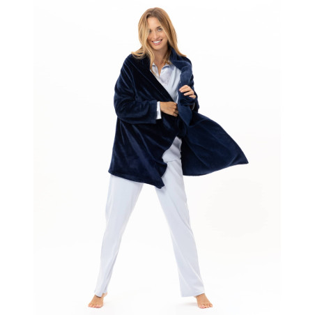 Asymmetrical plush flannel jacket ESSENTIEL Navy Blue | Lingerie le Chat