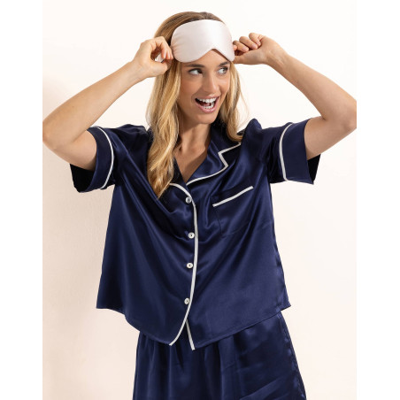 Silk Short Pajamas Navy Blue | Lingerie le Chat