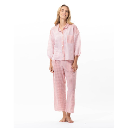 Pyjama boutonné en coton PATIO Corail/Blanc